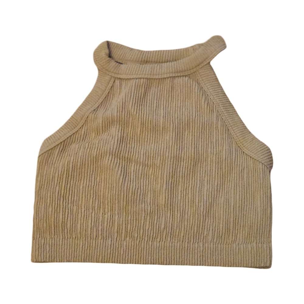 Aerie Womens Seamless Ribbed‎ Halter Crop Top Tan High Neck Racerback Tank